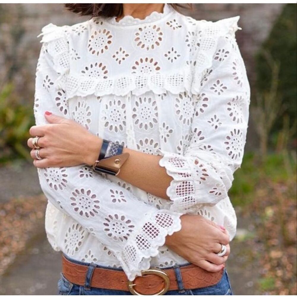 Zara White Eyelet Lace Long-Sleeve Blouse